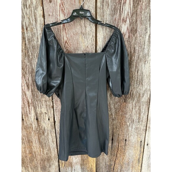 Forever 21 S Faux Leather Black Mini Dress Bow Puff Sleeve Goth Witchy - Picture 7 of 7
